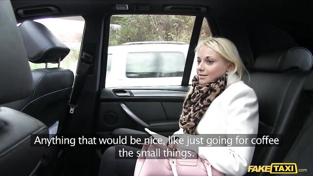 Nicol Pink blonde in Fake Taxi cab, white coat, POV reality sex