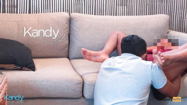 Sri Lankan wife footjob on couch with young guy censored