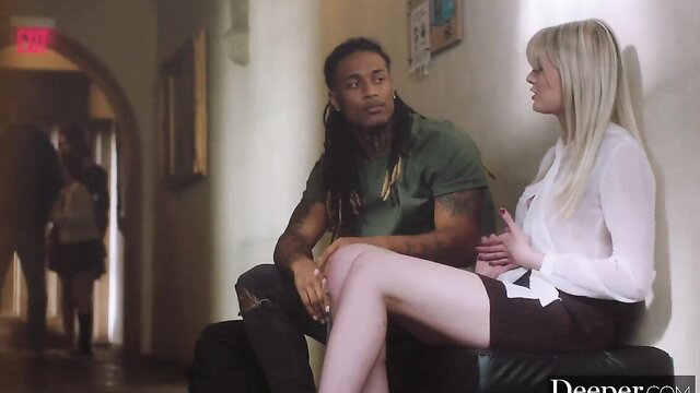 BBC-hungry blonde Amber in sheer blouse & mini skirt with dreadlocked classmate