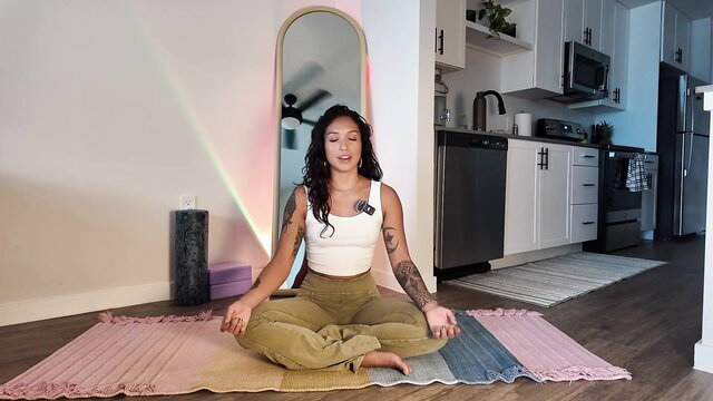 Asian tattooed yoga babe in beginner poses, crop top and pants