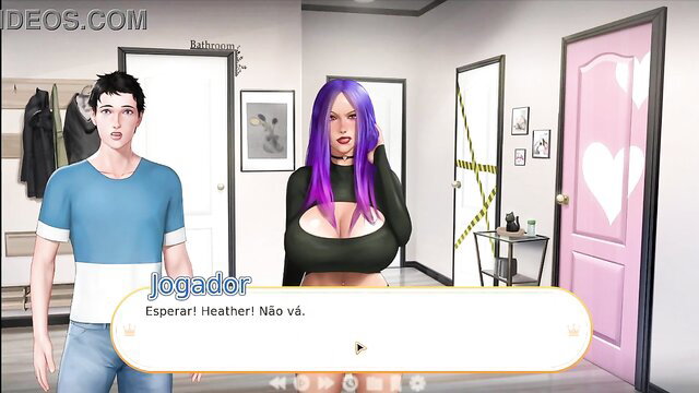 Purple-haired busty babe awaits player in bathroom futa scene