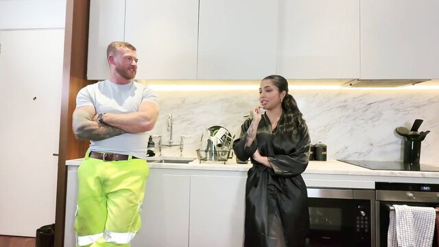 Yasmina Khan in silk robe tempts muscled workman in neon pants