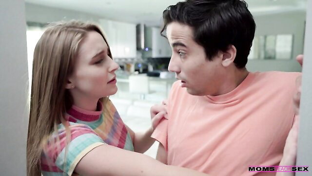 Shocked guy faces horny blonde MILF in colorful top teaching seduction