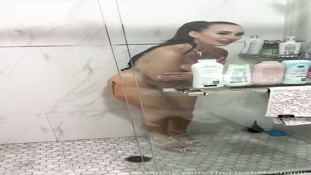 Thick white brunette nude in shower, big ass tattoo, wet body tease