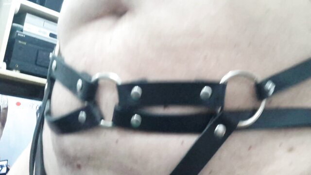 74yo grandpa in black leather harness bondage, tied up nipple pain
