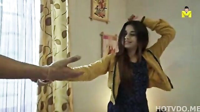 Indian girl in yellow jacket offers hand to man in Mastram hot web series