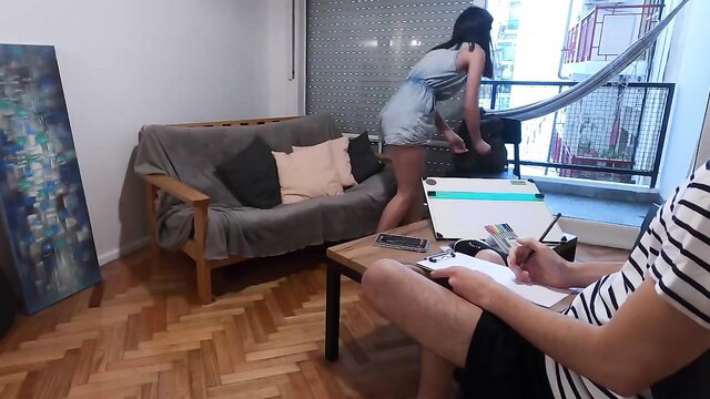 Hot Asian college girl in short dress bends over for nude art modeling