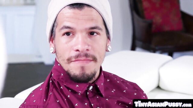 Tiny Asian guy in turban smiles for POV stretching scene