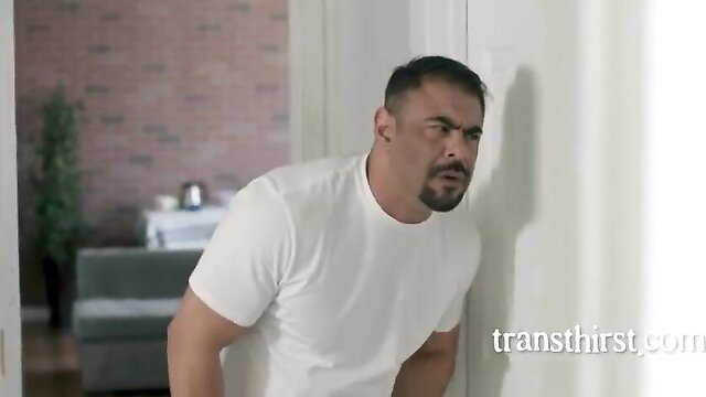 Tall muscular trans stepdaughter in tight white tee leans seductively