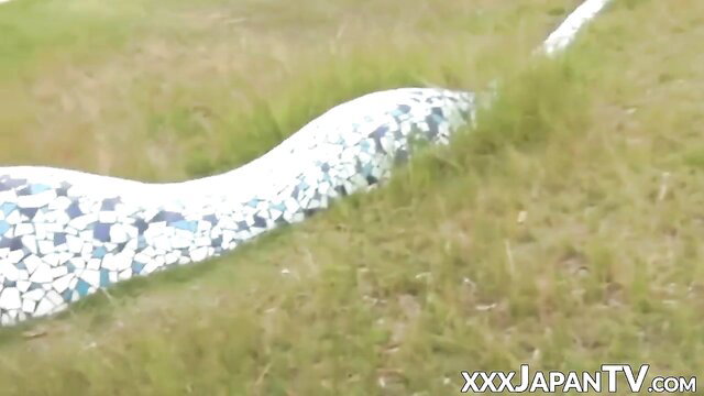 Mosaic tile snake sculpture on grass in outdoor JAV thumbnail
