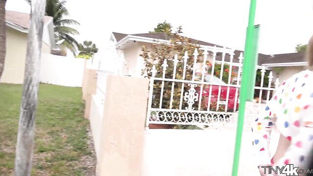 Paris White in polka dot dress at bus stop, Tiny4K Bus Stop Snatch