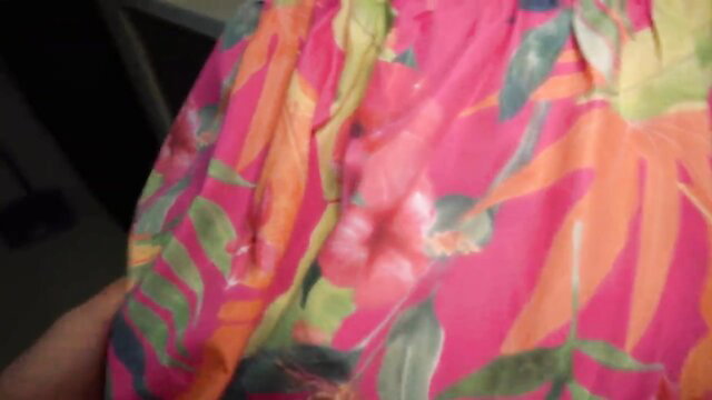 Lifting floral dress to expose woman's tight pussy for hard thrust