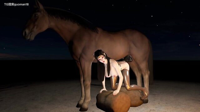 Asian babe in stockings services horse cock by campfire