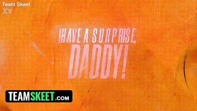 Stepdaughter teases 'I have a surprise daddy!' in hot orange text overlay