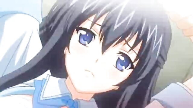 Cute anime girl with long black hair and blue eyes in school uniform closeup