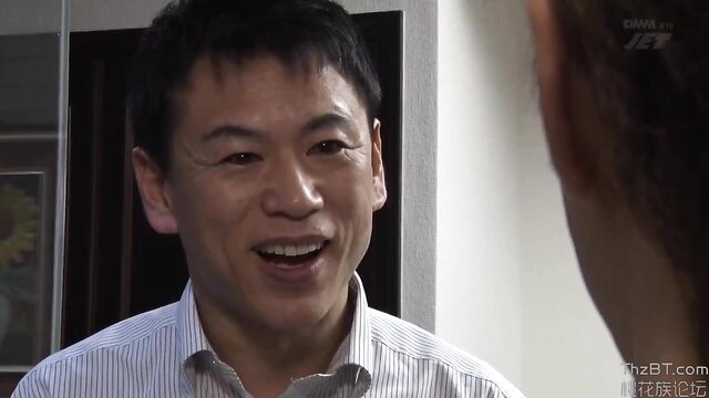 Smiling Japanese man in shirt close-up from NTR anal training JAV with Mihiro Nakasato