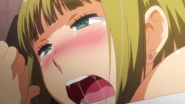 Blonde anime girl with green eyes crying in ecstasy, blushing ahegao face closeup