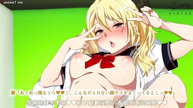Blonde anime JAV girl in open school uniform flashing huge tits, ahegao face, peace signs