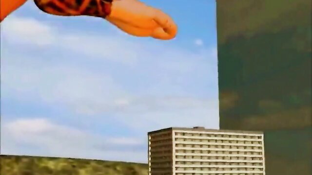 Giantess Giganta hand crushing tiny building in fetish scene