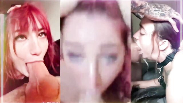 Redhead vixen tongues thick cock in kinky collar facefuck closeup