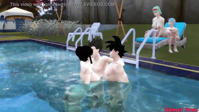 Bulma & Chichi share Goku in hot pool orgy with stepsons anal action