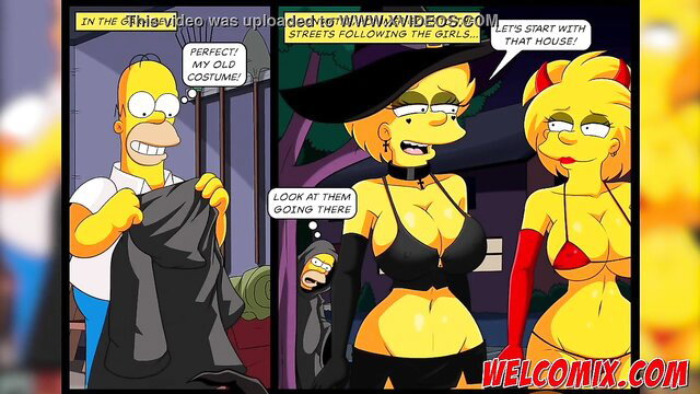 Simpsons Homer in witch orgy with sexy Marge and Lisa Halloween costumes