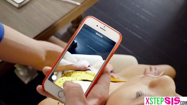 Chinese teen stepsis manipulated, yellow lingerie, phone POV closeup
