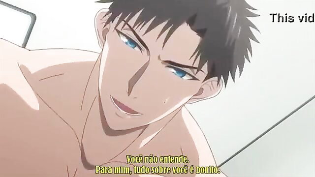 Handsome anime guy shirtless, blue eyes smirking close-up