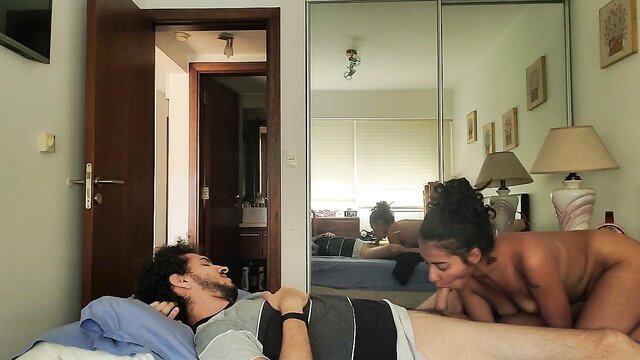 Wild Hope nude latin babe straddling lover on bed, intimate cowgirl tease