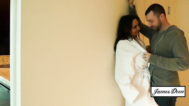 Ava Addams in robe with James Deen in hotel room