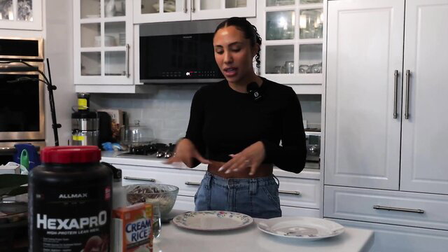 Mixed gym girl bulking with protein shake in kitchen what I eat in a day