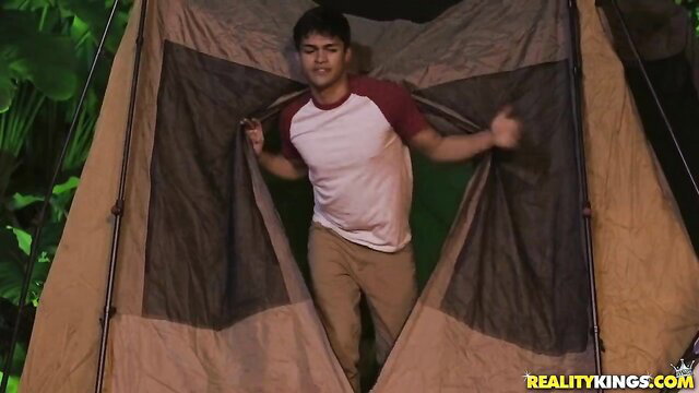 Latino guy in tent, Reality Kings outdoor teaser with Liv Wild