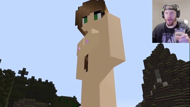 Minecraft giant nude green-eyed girl statue with topless pixels in game