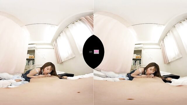 Japanese student girl prone on bed in POV VR erotic fantasy