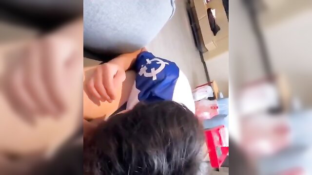 Blurry amateur femdom video thumbnail: woman sits on man's face wearing blue flag panties