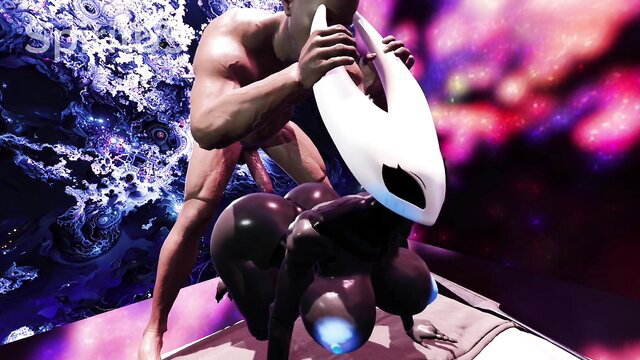 Muscular man wielding glowing white Hornet dildo on curvy latex babe