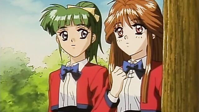 Two cute anime schoolgirls in red blazers and blue bowties outdoors