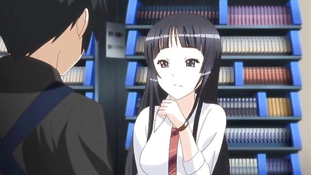 Anime sisters in school uniforms talking to guy in library hentai scene