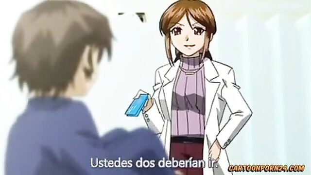 Anime doctor in lab coat flirts with student in JAV hentai scene