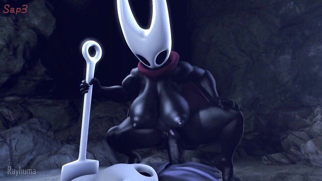 Hornet Hollow Knight Silksong HMV: busty anthro bug girl squats nude with nail over prone knight
