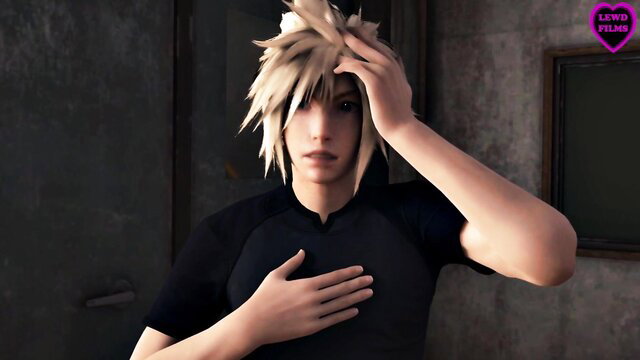 Blonde spiky-haired femboy in tight black shirt, hand on chest, LewdFilms teaser