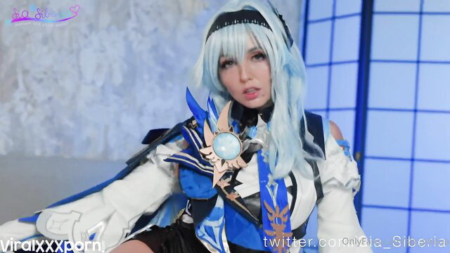 Petite Sia Siberia cosplay tease in lingerie, blue hair beauty