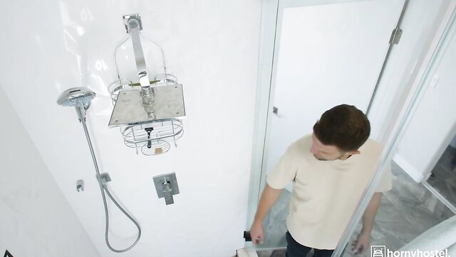 Man in shower stall, nude POV view, Lexi Lore bathroom tease