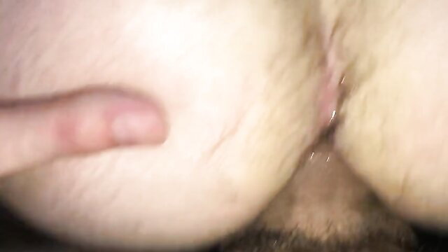 Hairy ass dripping cum, finger spreading wet pussy closeup