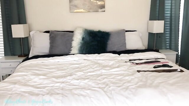 Ginger Banks' luxurious bedroom with BDSM toys on bed