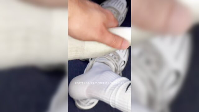 StepDaddy grips son-in-law's white socked foot, sniffing stinking soles in public edging