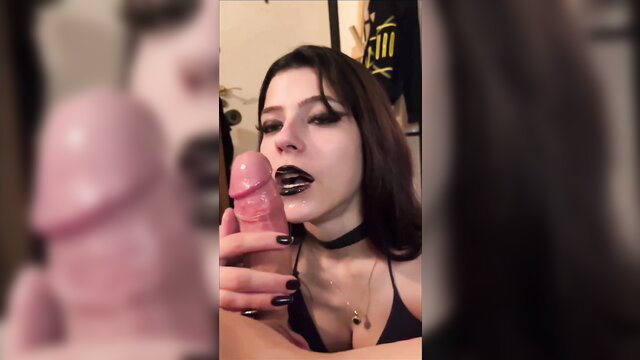Goth girl Blackyblack sucks pink dildo closeup blowjob
