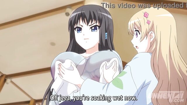 Hentai babes with huge boobs, black hair girl groping wet blonde