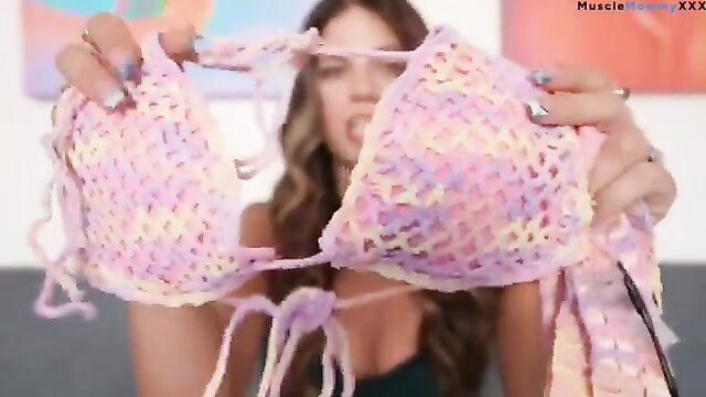 Hot brunette tries on crochet pink bikini top, fit model haul