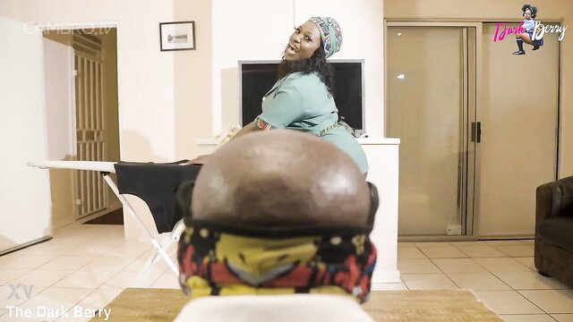 Thick ebony BBW in scrubs twerking huge ass on bald guy POV